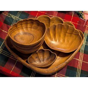 Set of 7 Handcrafted Wooden Tiki Serving Bowls Acacia Wood Scalloped Nesting Bow